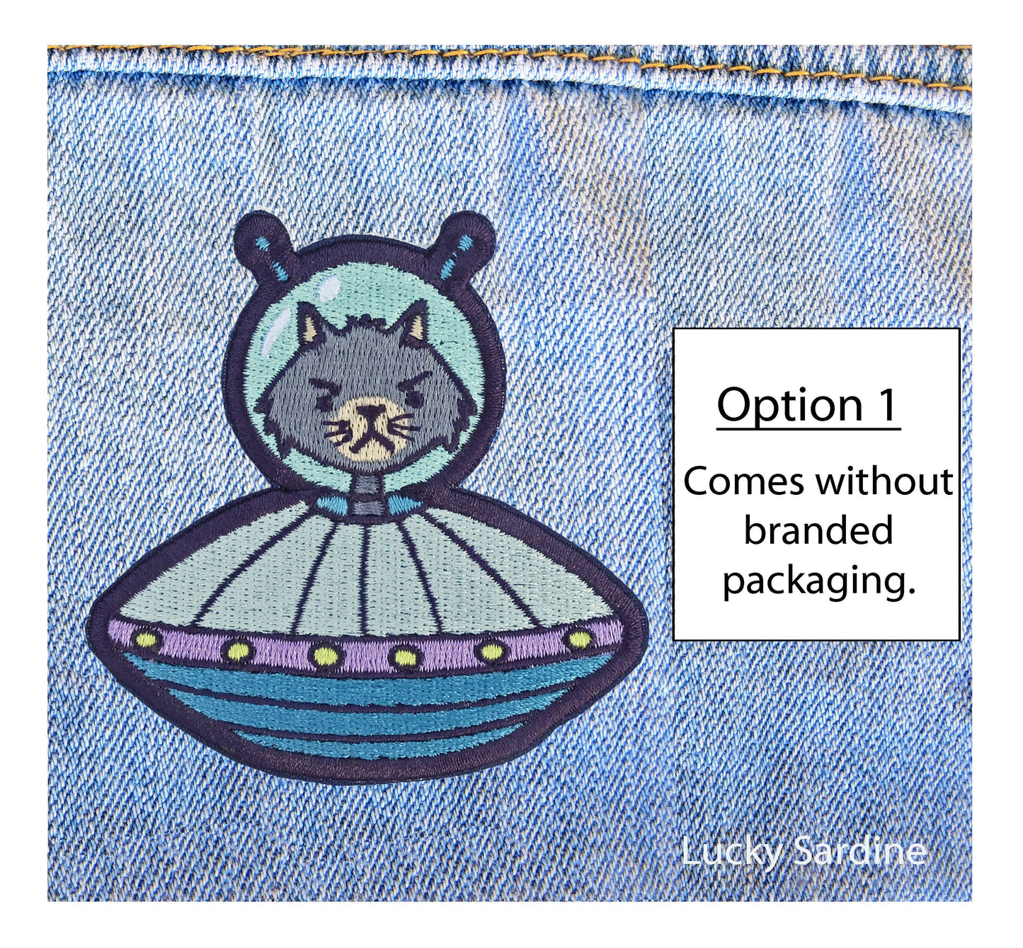 Cat Alien, Feline UFO Spaceship Embroidered Iron-On Patch