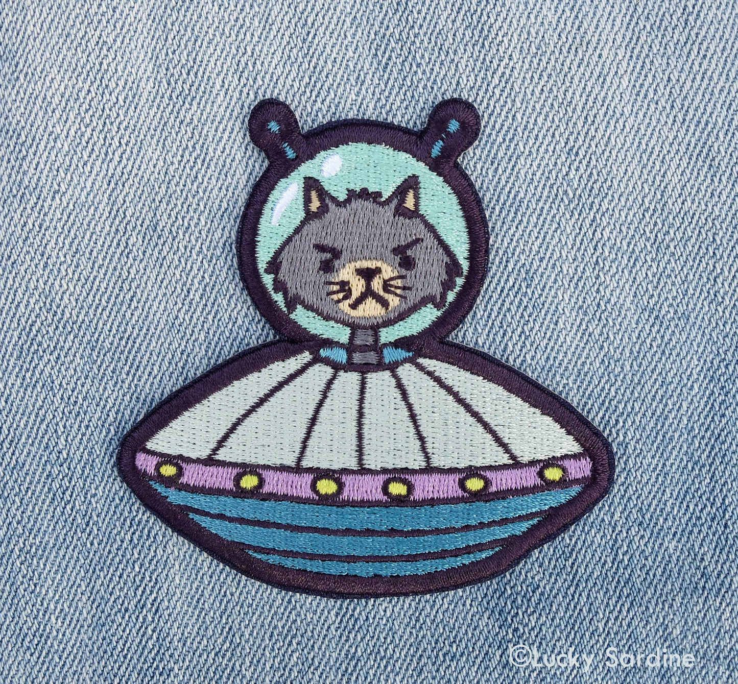 Cat Alien, Feline UFO Spaceship Embroidered Iron-On Patch