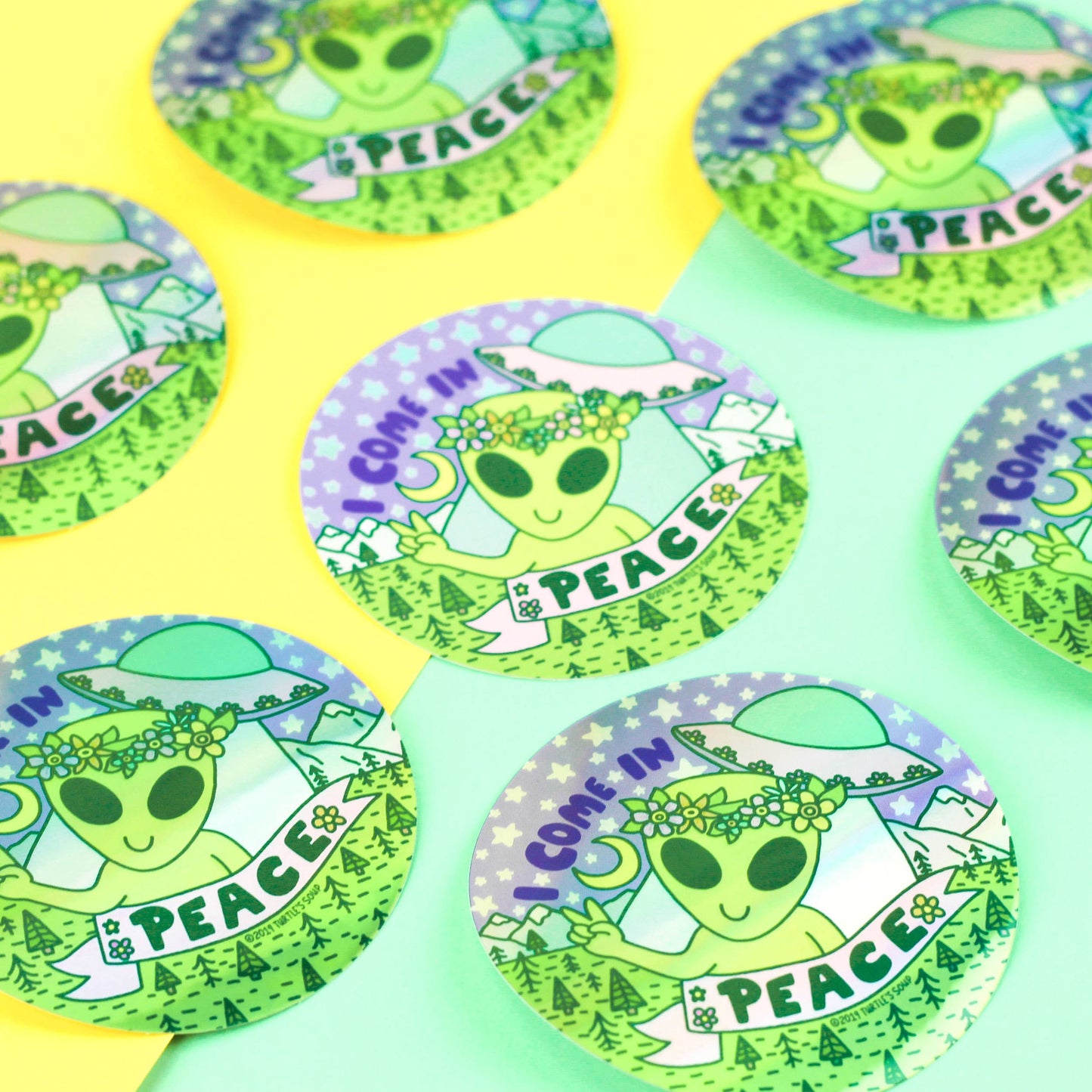 I Come In Peace Alien Friendship Vinyl Sticker (Holographic)