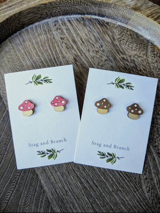 Small Wood Mushroom Stud Earrings Witchy Cottagecore image 1