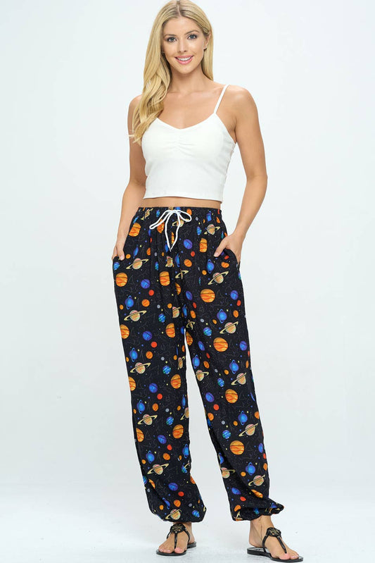Allover Planet Print Pant With Drawstring and Pocket