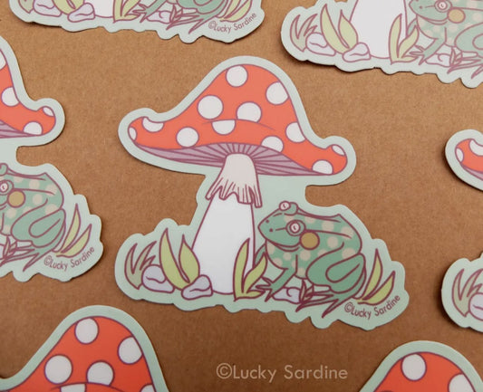 Toad & Mushroom, Toadstool Frog, Cottagecore Vinyl Sticker image 0